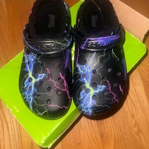 CROCS Black with Electric Blue and Pink Lightning Clogs